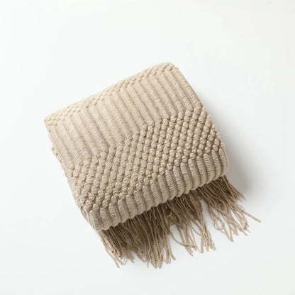 Khaki Knitted Throw Blanket, Waffle Knit Throw, Neutral Layer for Sofa and Bed