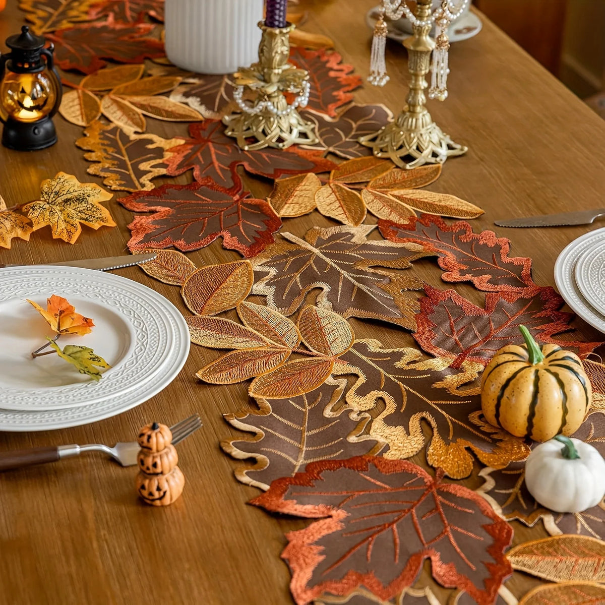 Autumn Maple Leaf Table Runner, Embroidered Fall Table Decor, Thanksgiving Dining Accent