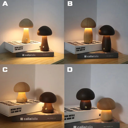 Wooden Mushroom Night Light, LED Bedside Lamp, Warm Glow for Nursery and Bedroom