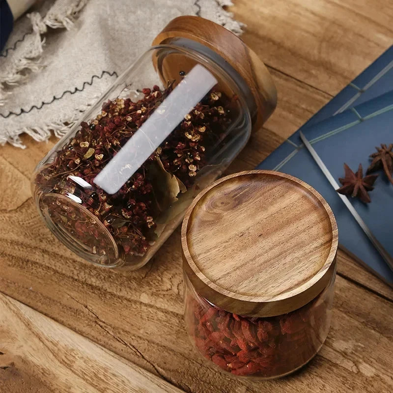 Glass Canister Set, Airtight Storage Jars with Wood Lids, Kitchen Pantry Organization
