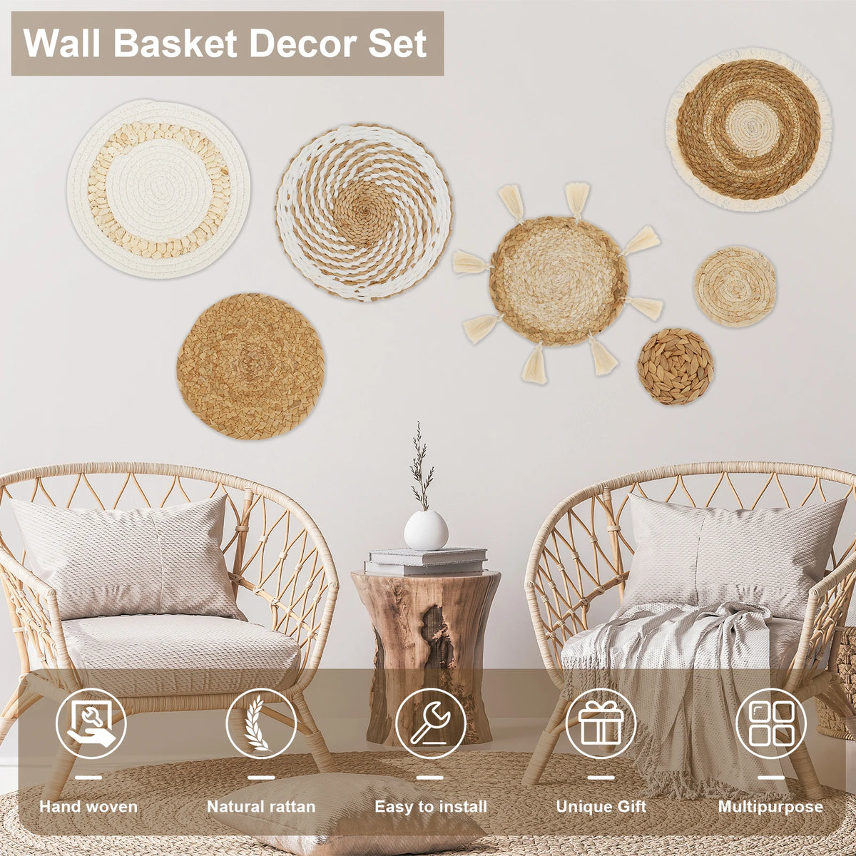 Woven Wall Basket Set, Hanging Wall Decor, 7-Piece Boho Basket Gallery for the Bedroom