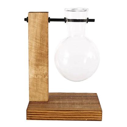 Glass Bulb Vase with Wood Stand, Hydroponic Desktop Planter, Propagation Vase