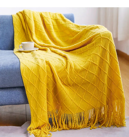 Khaki Knitted Throw Blanket, Waffle Knit Throw, Neutral Layer for Sofa and Bed