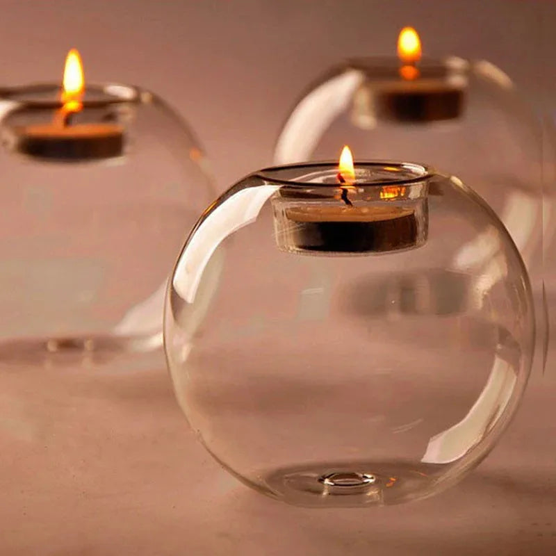 Round Glass Candle Holder, Candlestick Holder, Table Centerpiece for Dining and Mantel