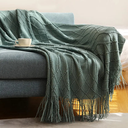 Khaki Knitted Throw Blanket, Waffle Knit Throw, Neutral Layer for Sofa and Bed