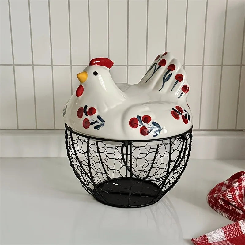 Hen-Shaped Ceramic Egg Basket, Egg Holder Dish, Farmhouse Countertop Kitchen Decor