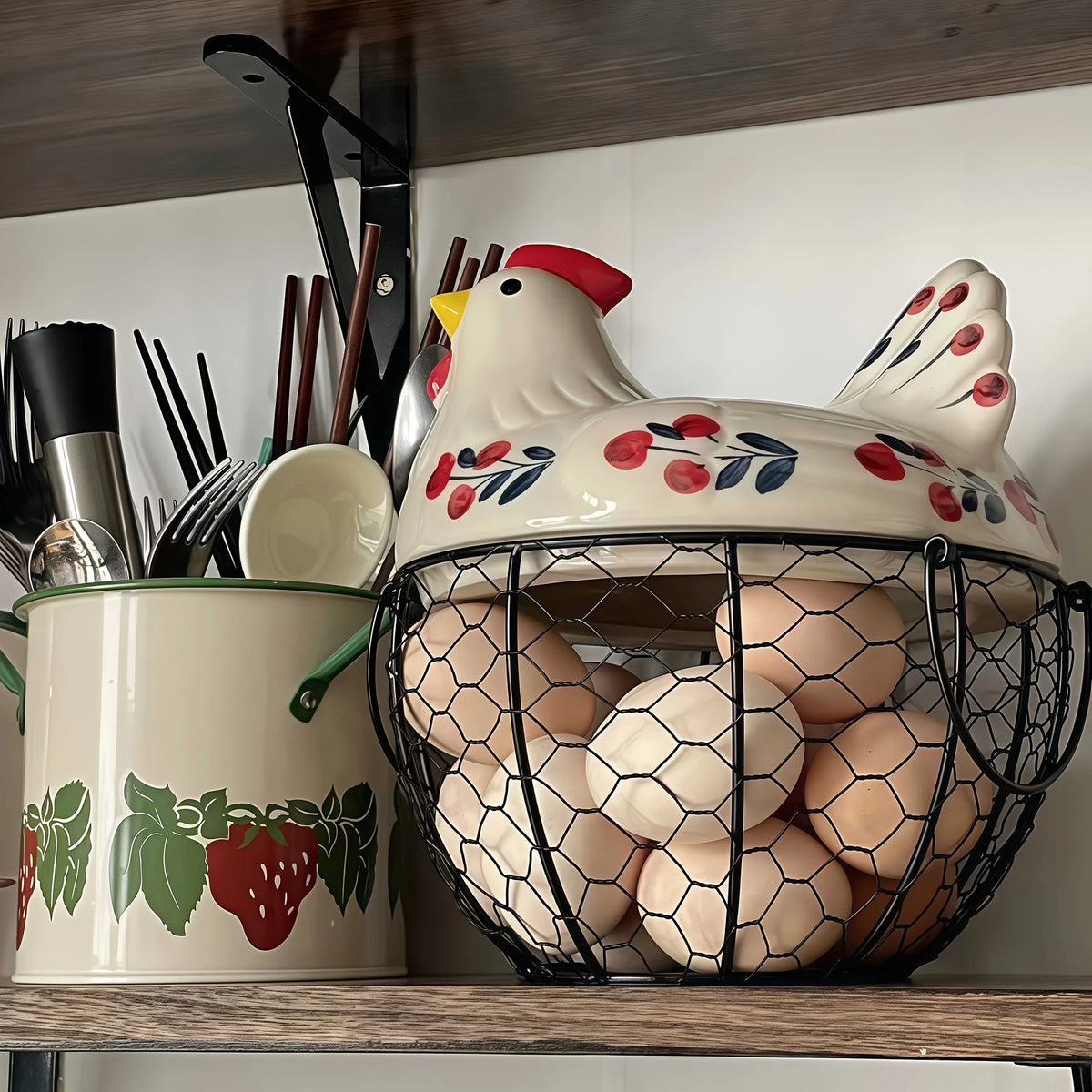 Hen-Shaped Ceramic Egg Basket, Egg Holder Dish, Farmhouse Countertop Kitchen Decor