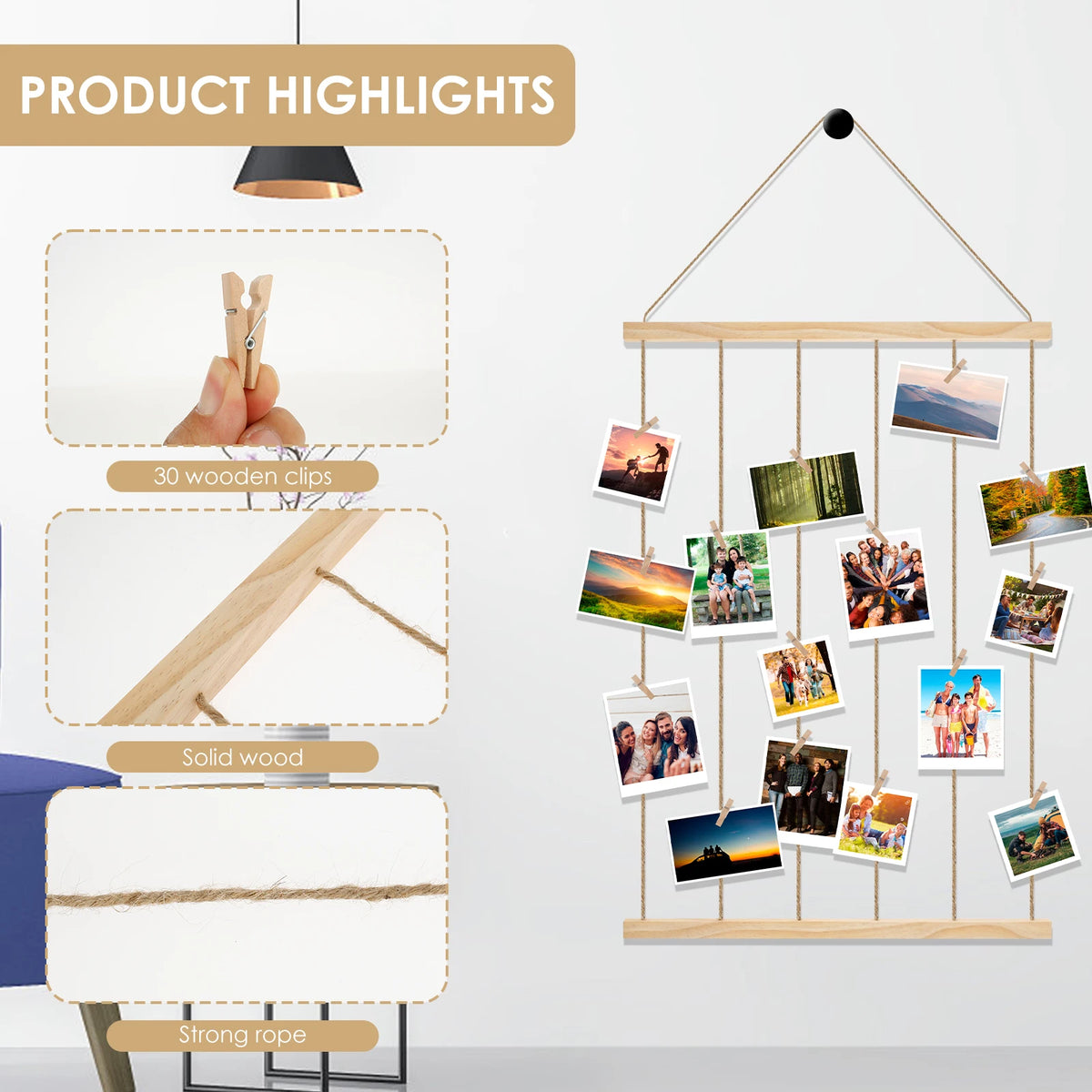 Hanging Photo Display Holder, Picture Display Rack, Wall Decor for Photos and Prints