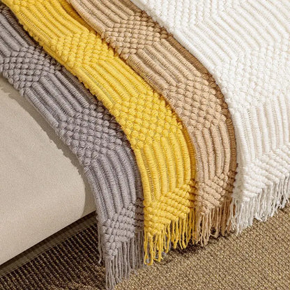 Khaki Knitted Throw Blanket, Waffle Knit Throw, Neutral Layer for Sofa and Bed