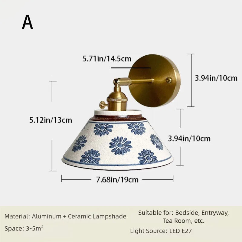 Ceramic Wall Lamp, Wall Sconce Light, Chinese Style Fixture for Hallway and Bedside