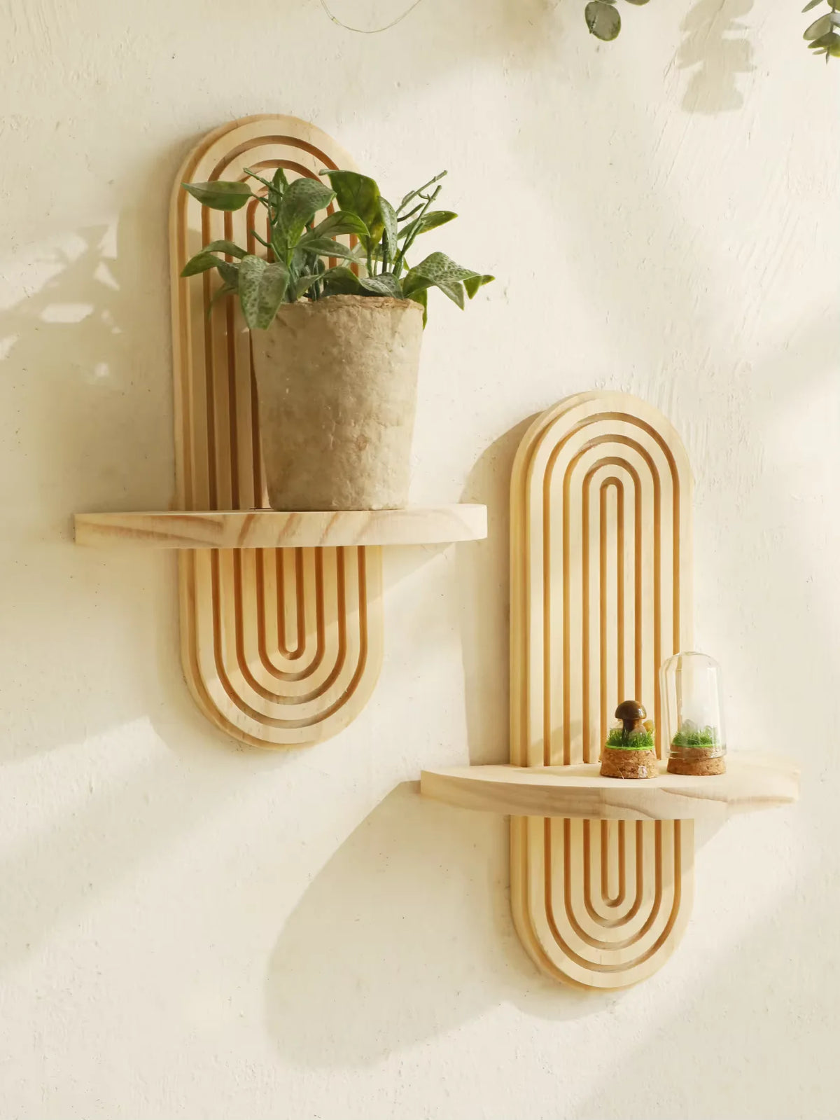 Wooden Wall Shelf, Geometric Floating Shelves, Natural Wood Boho Wall Decor
