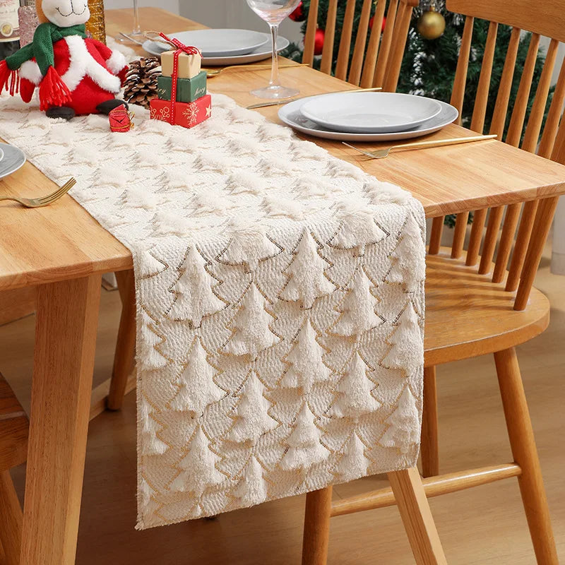Sequin table runner laid down the center of a dining table set for a gathering
