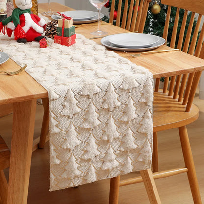 Sequin table runner laid down the center of a dining table set for a gathering