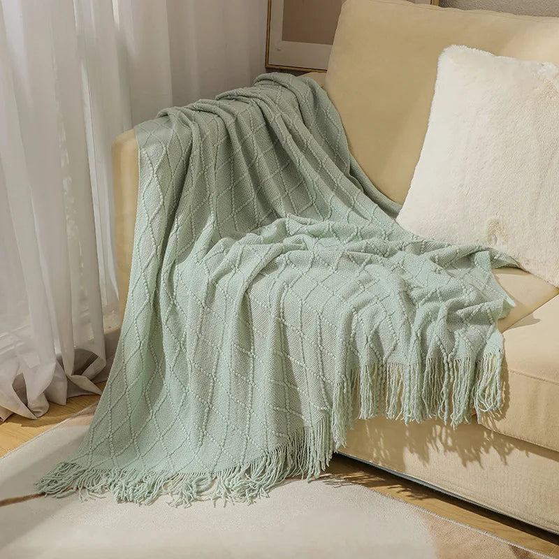 Khaki Knitted Throw Blanket, Waffle Knit Throw, Neutral Layer for Sofa and Bed