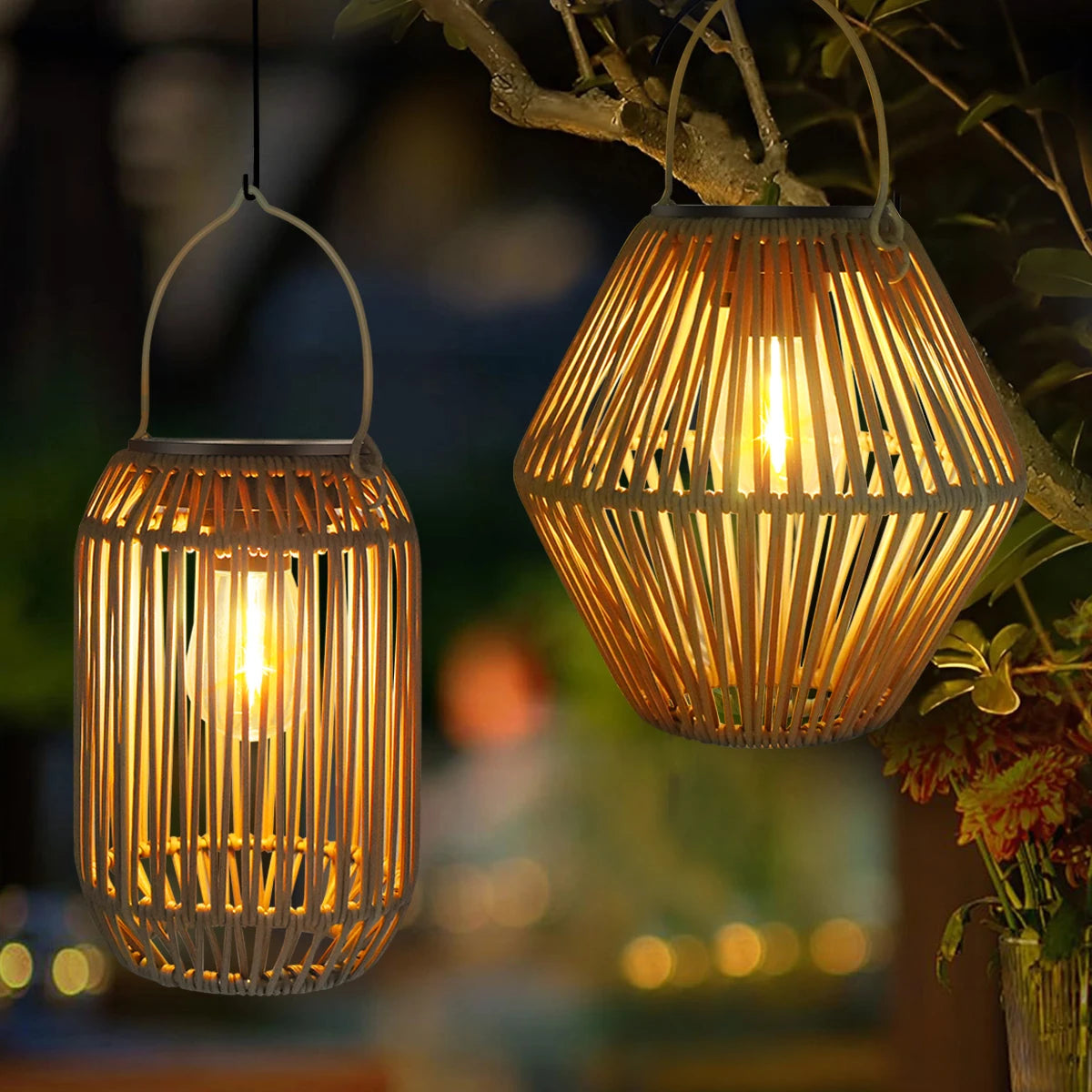 Woven solar lantern hanging from a branch over a patio table in the evening