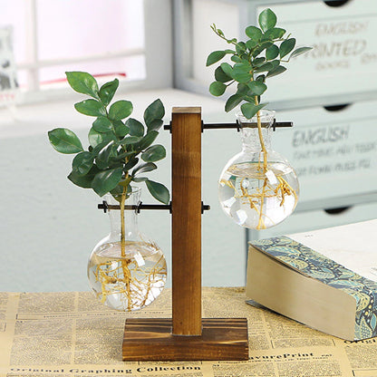 Glass Bulb Vase with Wood Stand, Hydroponic Desktop Planter, Propagation Vase