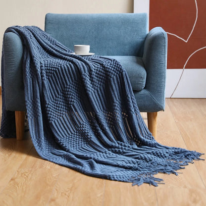 Khaki Knitted Throw Blanket, Waffle Knit Throw, Neutral Layer for Sofa and Bed