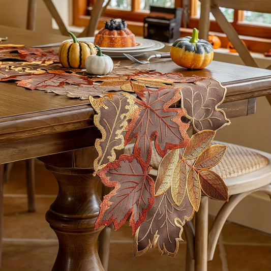 Autumn Maple Leaf Table Runner, Embroidered Fall Table Decor, Thanksgiving Dining Accent