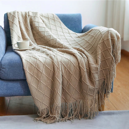 Khaki Knitted Throw Blanket, Waffle Knit Throw, Neutral Layer for Sofa and Bed