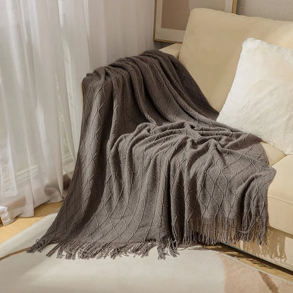 Khaki Knitted Throw Blanket, Waffle Knit Throw, Neutral Layer for Sofa and Bed