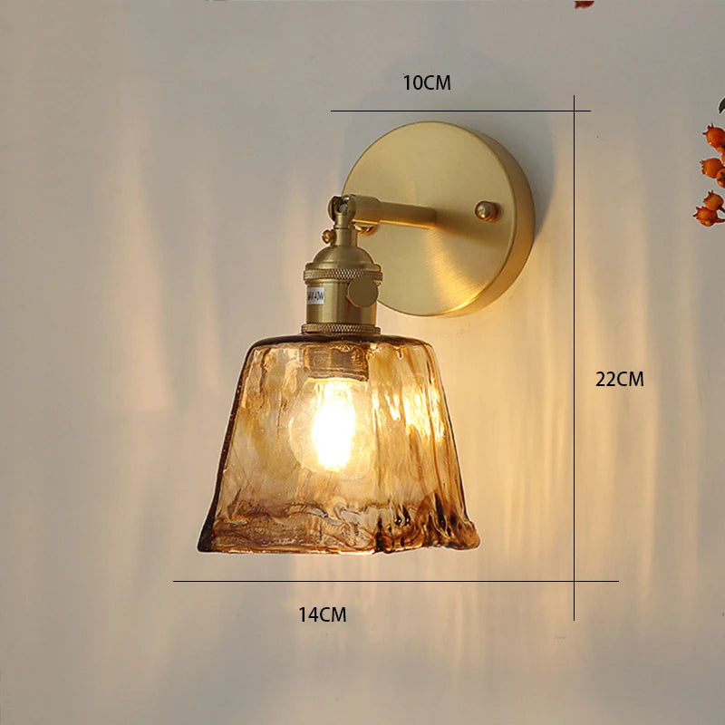 Brass Glass Wall Lamp, Retro Wall Sconce, Amber Glass Fixture for Hallway and Stairwell