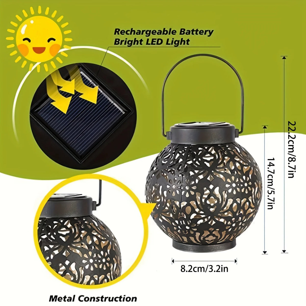 Metallic Solar Lantern, Hanging Garden Light, Weatherproof Lantern for Patio and Porch