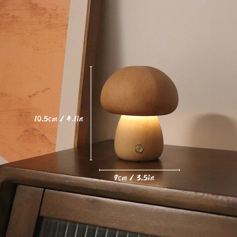 Wooden Mushroom Night Light, LED Bedside Lamp, Warm Glow for Nursery and Bedroom