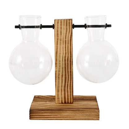 Glass Bulb Vase with Wood Stand, Hydroponic Desktop Planter, Propagation Vase