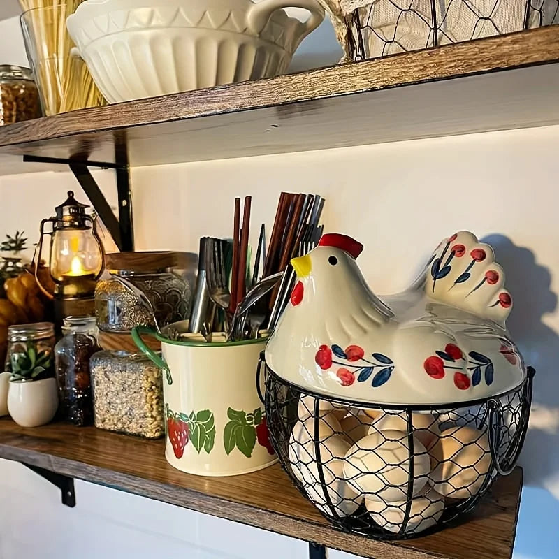 Hen-Shaped Ceramic Egg Basket, Egg Holder Dish, Farmhouse Countertop Kitchen Decor