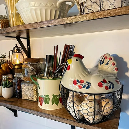 Hen-Shaped Ceramic Egg Basket, Egg Holder Dish, Farmhouse Countertop Kitchen Decor