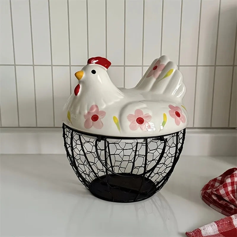 Hen-Shaped Ceramic Egg Basket, Egg Holder Dish, Farmhouse Countertop Kitchen Decor