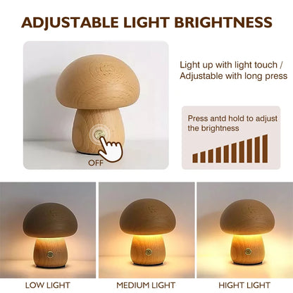 Wooden Mushroom Night Light, LED Bedside Lamp, Warm Glow for Nursery and Bedroom