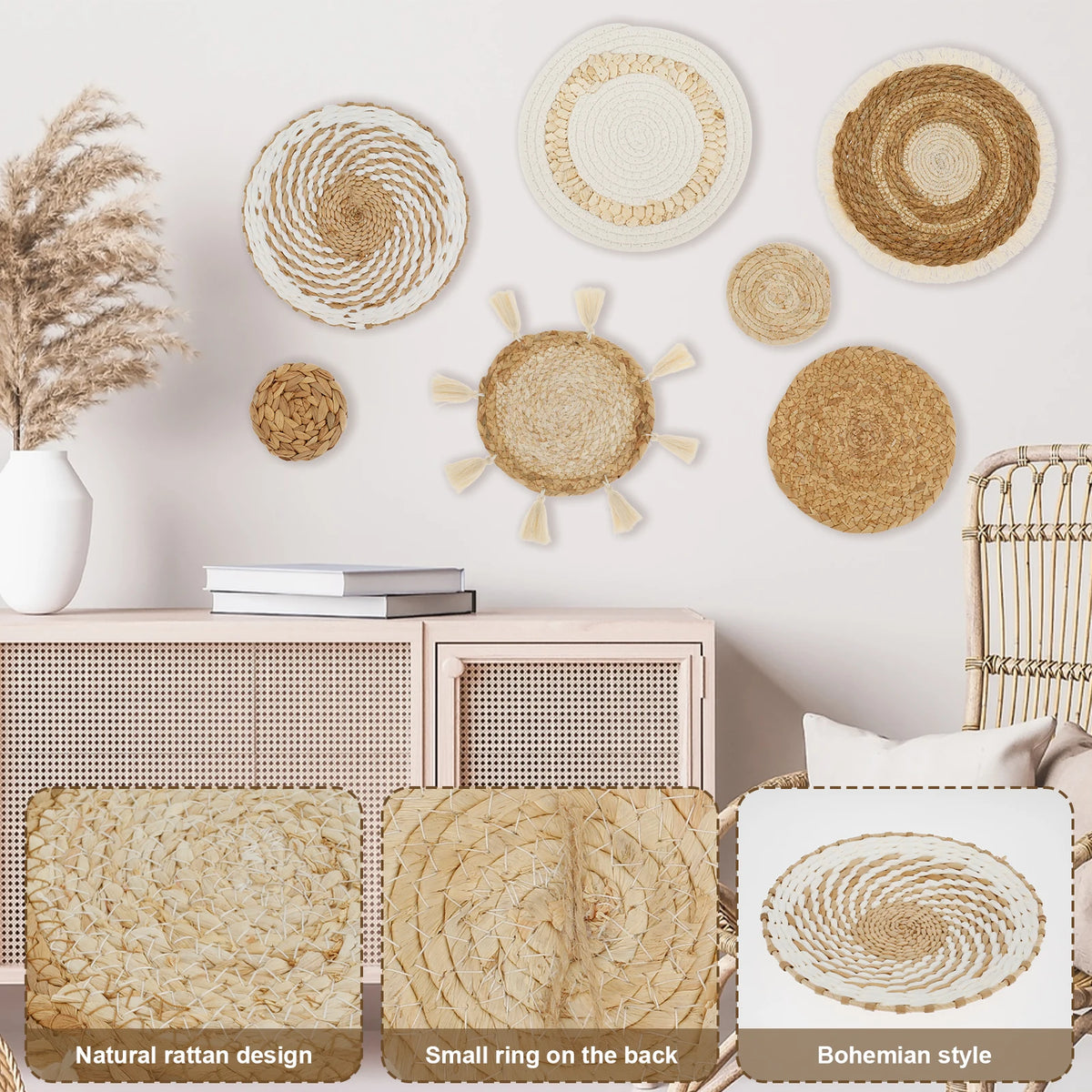 Woven Wall Basket Set, Hanging Wall Decor, 7-Piece Boho Basket Gallery for the Bedroom