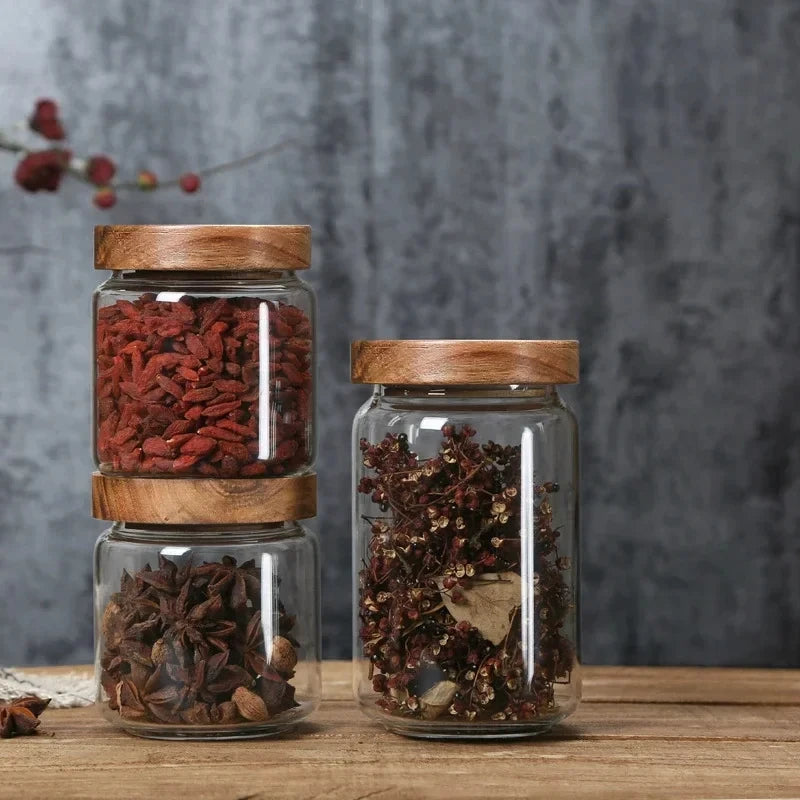 Glass Canister Set, Airtight Storage Jars with Wood Lids, Kitchen Pantry Organization