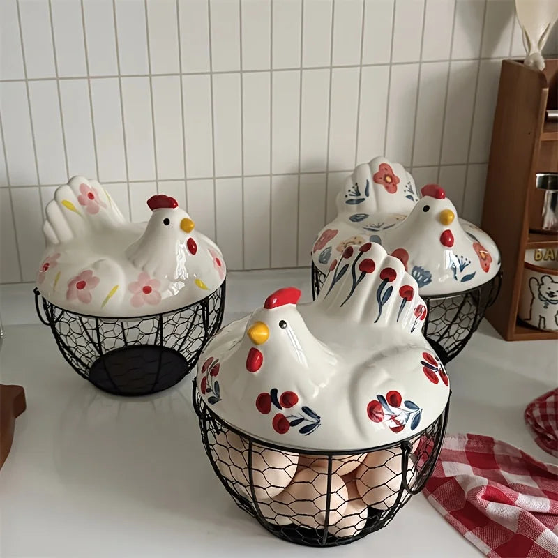 Hen-Shaped Ceramic Egg Basket, Egg Holder Dish, Farmhouse Countertop Kitchen Decor