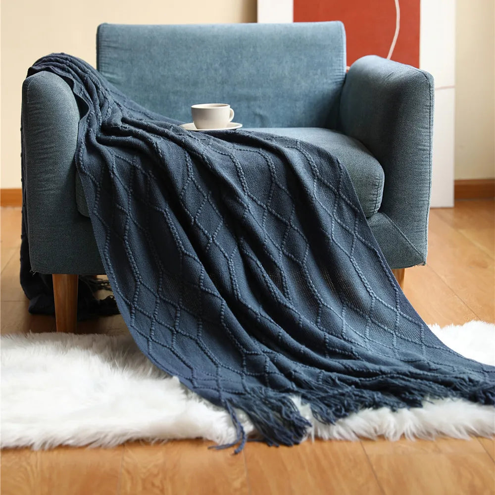 Khaki Knitted Throw Blanket, Waffle Knit Throw, Neutral Layer for Sofa and Bed