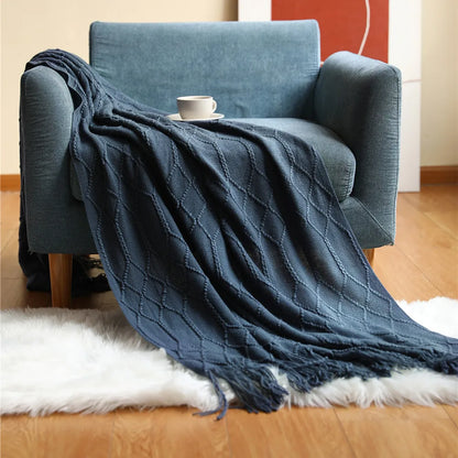 Khaki Knitted Throw Blanket, Waffle Knit Throw, Neutral Layer for Sofa and Bed