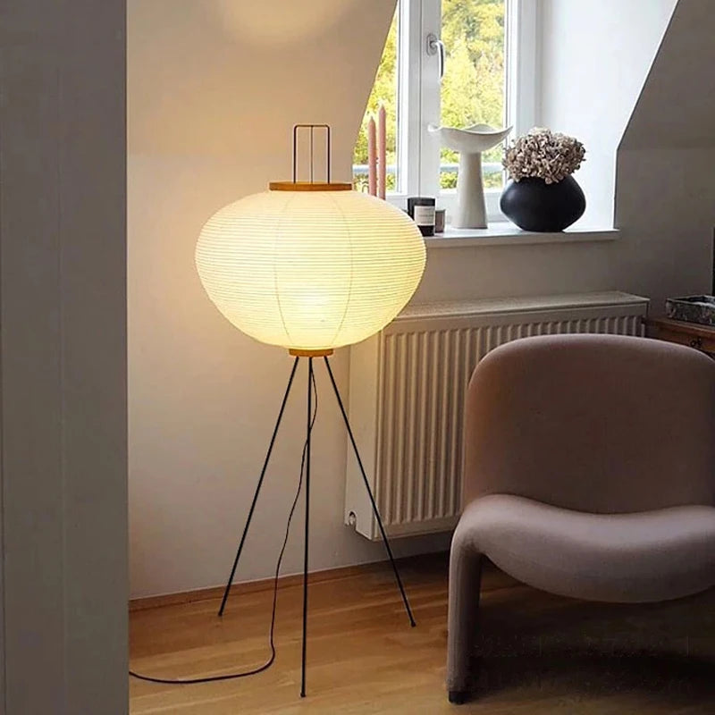 Rice Paper Floor Lamp, Japanese Standing Lantern Light, Warm Wood Living Room Lamp