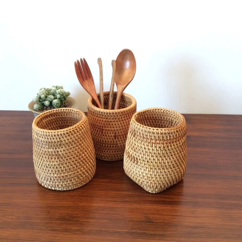 Rattan Cutlery Organizer Box, Woven Utensil Basket, Drawer Storage for the Kitchen