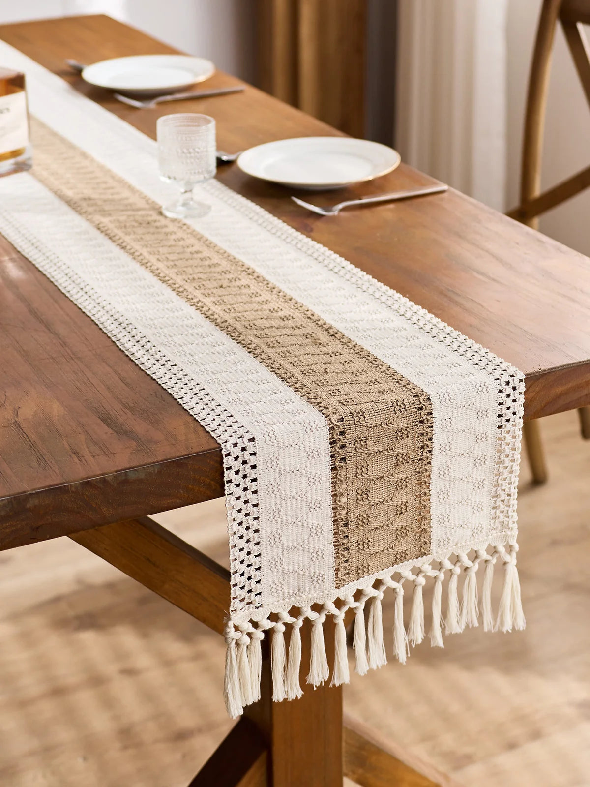 Macrame Table Runner, Boho Table Cloth Runner with Tassels, Cotton Farmhouse Decor