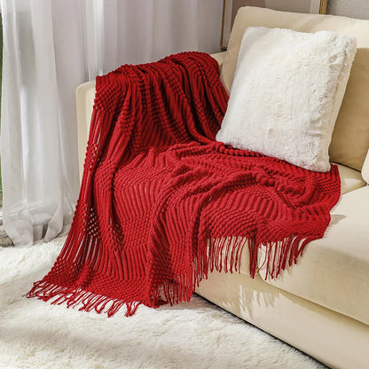 Khaki Knitted Throw Blanket, Waffle Knit Throw, Neutral Layer for Sofa and Bed