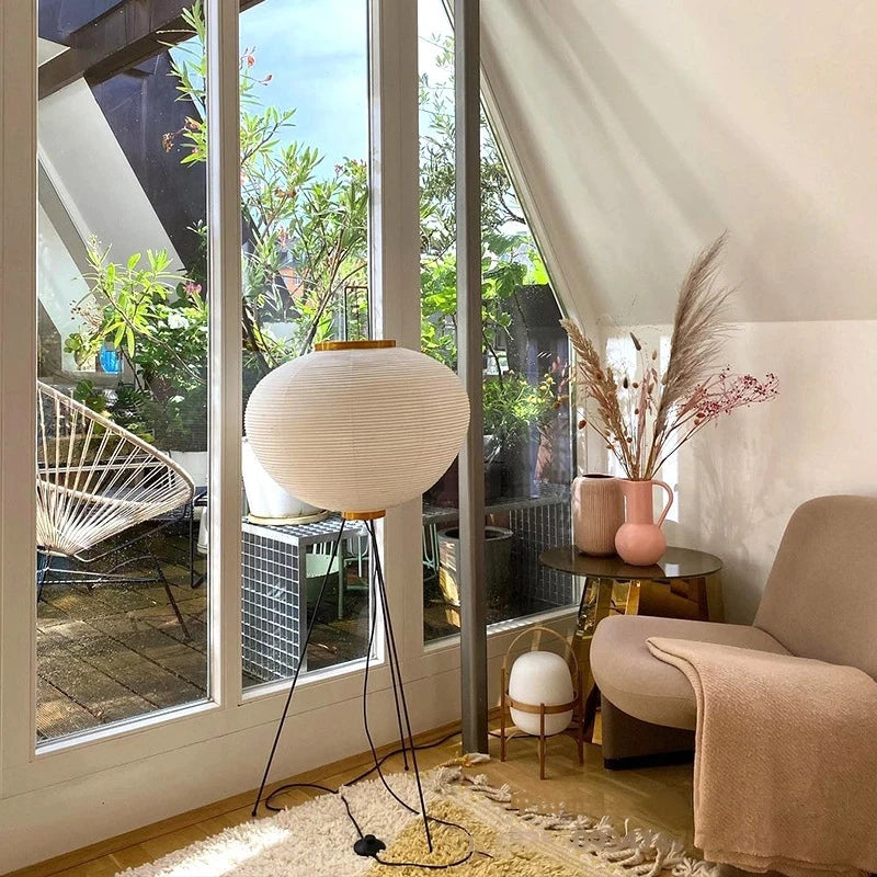Rice Paper Floor Lamp, Japanese Standing Lantern Light, Warm Wood Living Room Lamp
