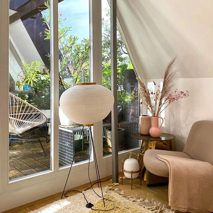 Rice Paper Floor Lamp, Japanese Standing Lantern Light, Warm Wood Living Room Lamp