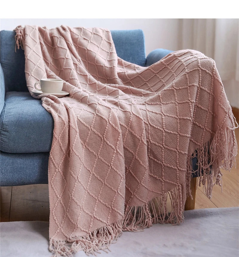 Khaki Knitted Throw Blanket, Waffle Knit Throw, Neutral Layer for Sofa and Bed