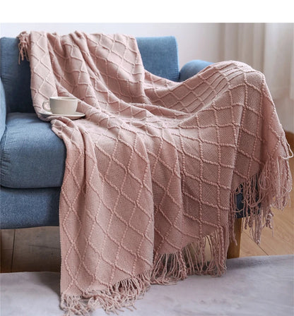 Khaki Knitted Throw Blanket, Waffle Knit Throw, Neutral Layer for Sofa and Bed