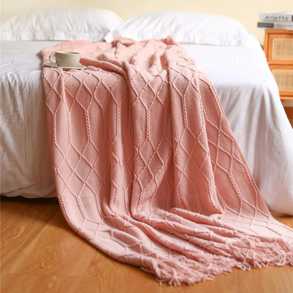 Khaki Knitted Throw Blanket, Waffle Knit Throw, Neutral Layer for Sofa and Bed