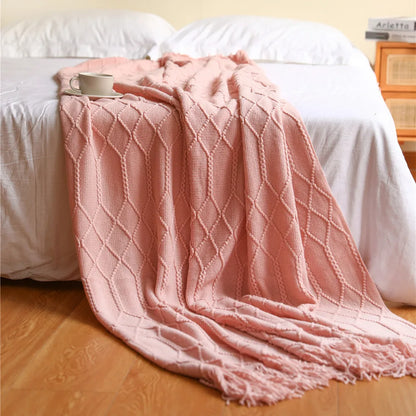 Khaki Knitted Throw Blanket, Waffle Knit Throw, Neutral Layer for Sofa and Bed