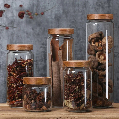 Glass Canister Set, Airtight Storage Jars with Wood Lids, Kitchen Pantry Organization
