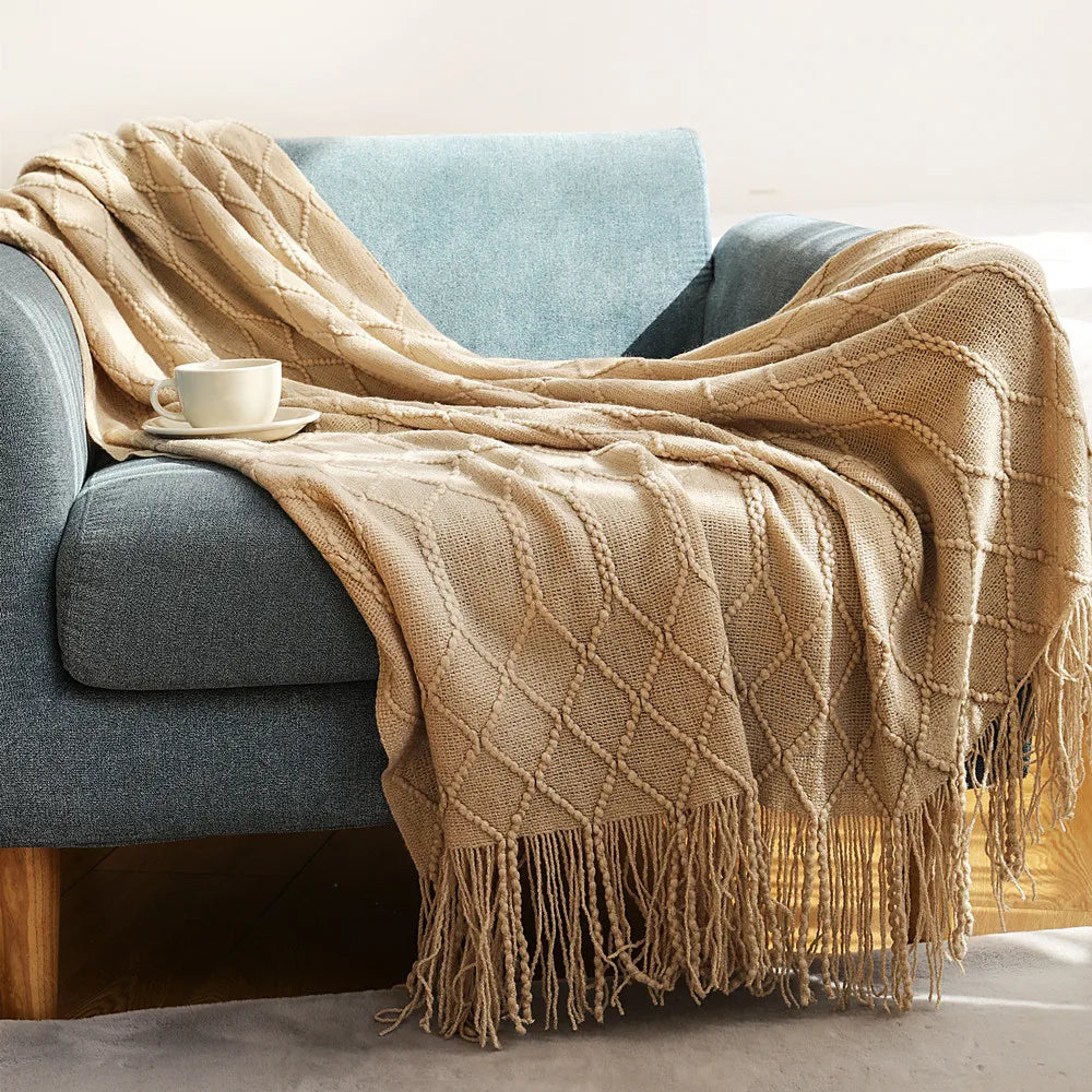 Khaki Knitted Throw Blanket, Waffle Knit Throw, Neutral Layer for Sofa and Bed