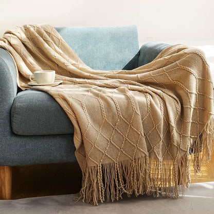 Khaki Knitted Throw Blanket, Waffle Knit Throw, Neutral Layer for Sofa and Bed